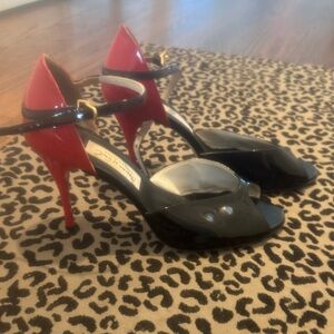 Two-Tone Black and Red Patent Ankle-Strap Heels